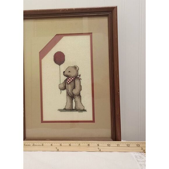 Vintage cross stitch, bear, balloons, framed - Picture 5 of 6